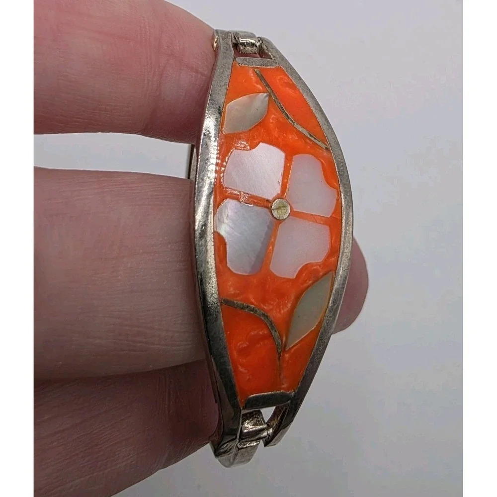Vintage Alpaca Mexico Bracelet‎ Flower Abalone Inlay Enamel Orange Child Size